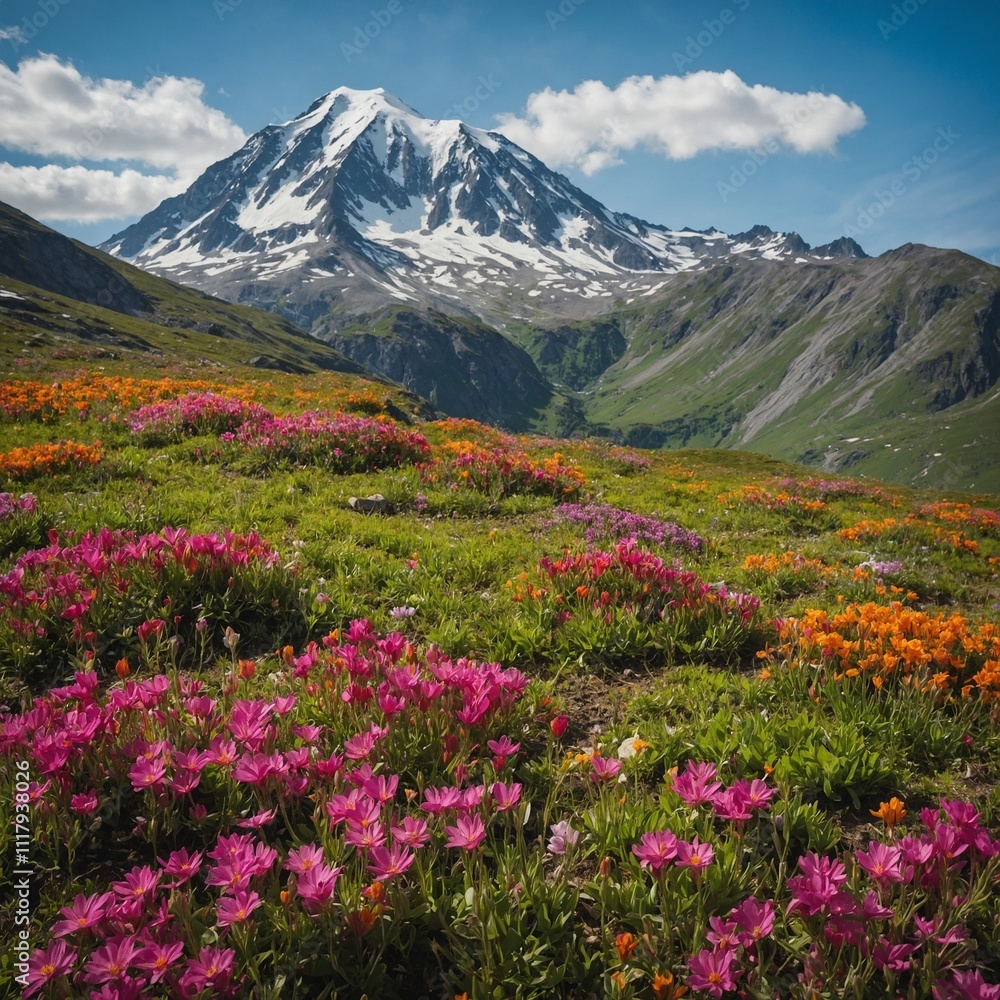 Fototapeta premium A solitary mountain surrounded by vibrant flowers in spring.