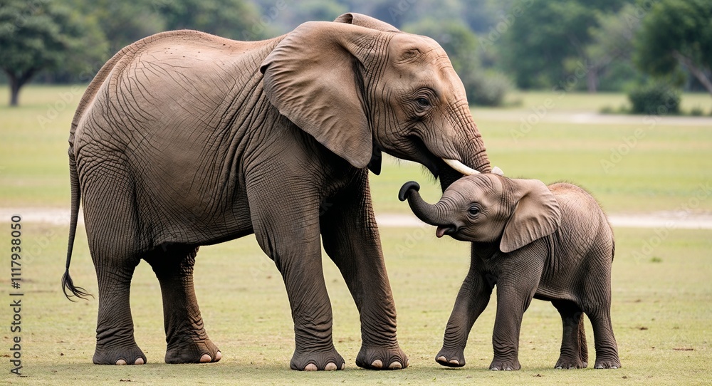 Fototapeta premium A mother elephant gently caressing her calf with her trunk