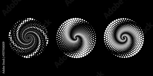 Set of white halftone dotted vortex shapes. Geometric art. Trendy design element for logo, tattoo, sign, symbol, web, prints, posters, social media, template, pattern, abstract backdrop