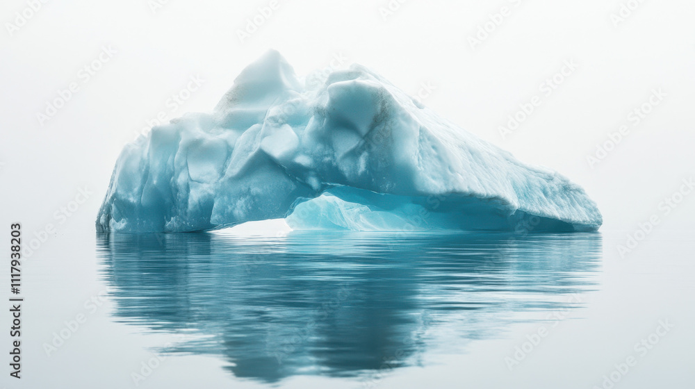 Obraz premium Serene iceberg arch reflected on calm water in a minimalist, misty setting, showcasing the wonders of natural ice formations and tranquil beauty.