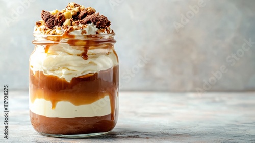 Wallpaper Mural A mason jar filled with Bavarian cream, layered with crushed cookies and caramel sauce, isolated on a neutral background Torontodigital.ca