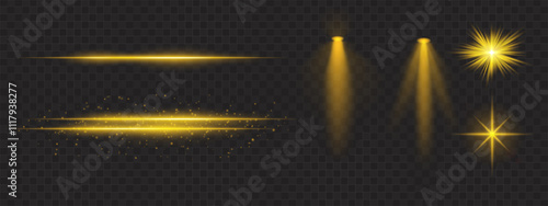 Golden light effects set. Glowing streaks, sparkles, spotlight beams, bright starbursts, warm illumination, decorative particles, radiant design, abstract modern lighting.