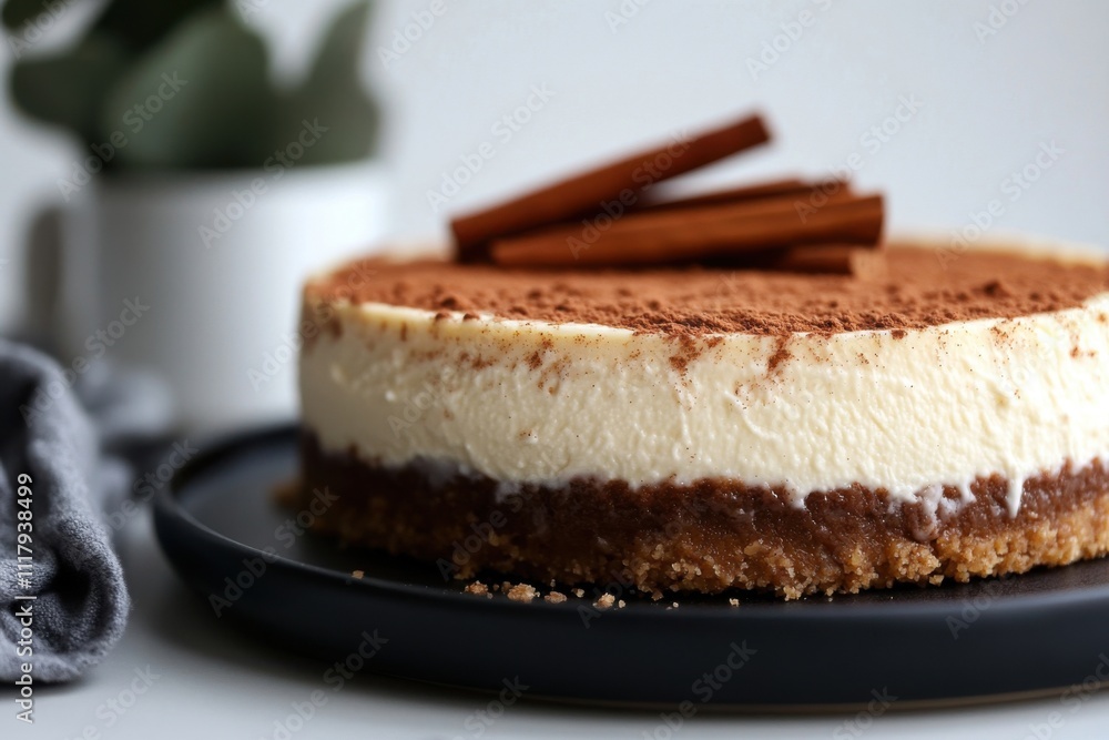 Delicious creamy homemade cinnamon cheesecake on dark plate Delicious creamy homemade cinnamon cheesecake on dark plate
