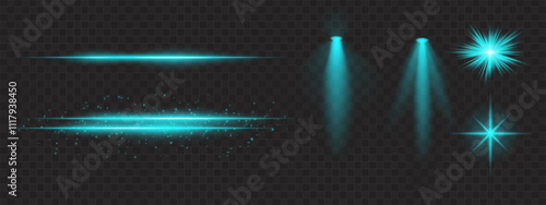 Blue light effects set. Glowing streaks, sparkles, spotlight beams, bright starbursts, warm illumination, decorative particles, radiant design, abstract modern lighting.