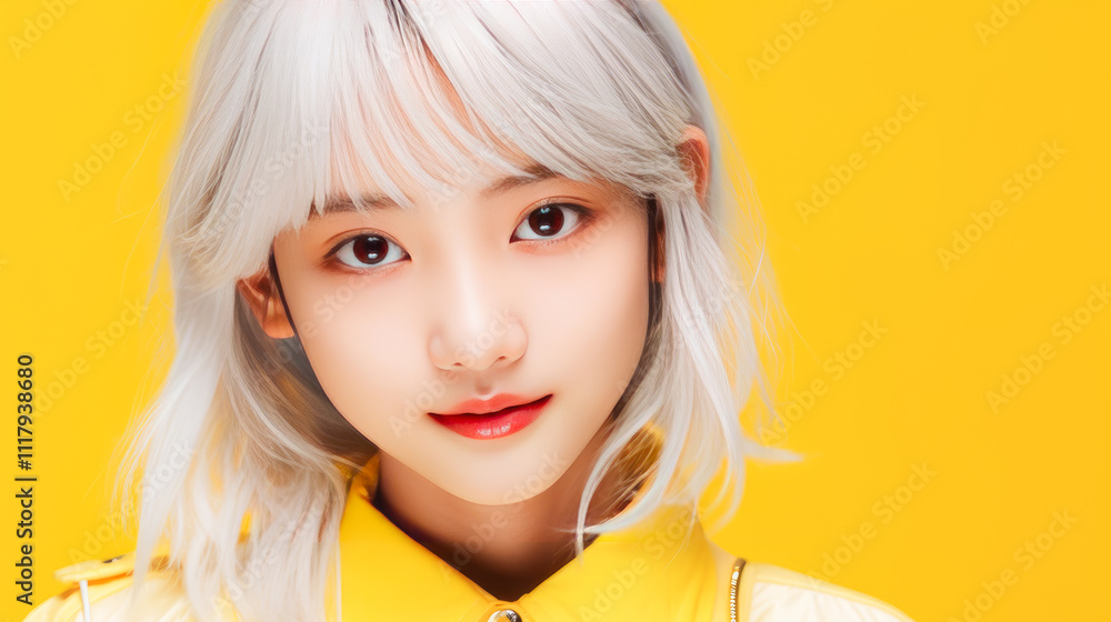 Portrait of asian girl child with long white hair yellow background. Portrait of asian girl child with long white hair yellow background.