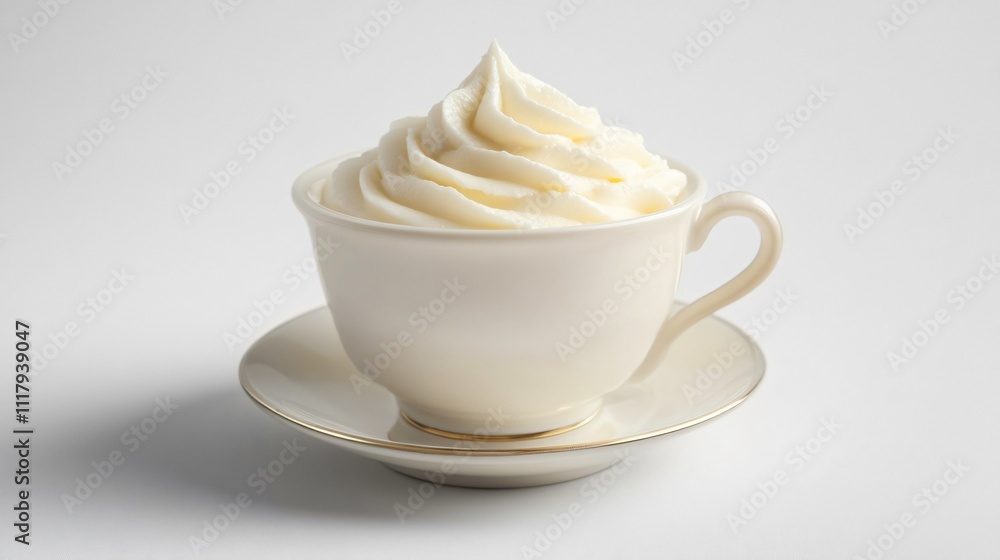 A single serving of Bavarian cream in a delicate porcelain cup, isolated on a light gray background with soft shadows A single serving of Bavarian cream in a delicate porcelain cup, isolated on a light gray background with soft shadows