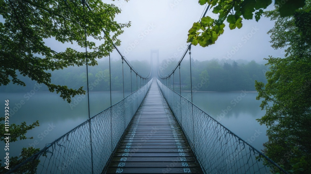 Fototapeta premium A serene suspension bridge over a misty lake, surrounded by lush greenery.