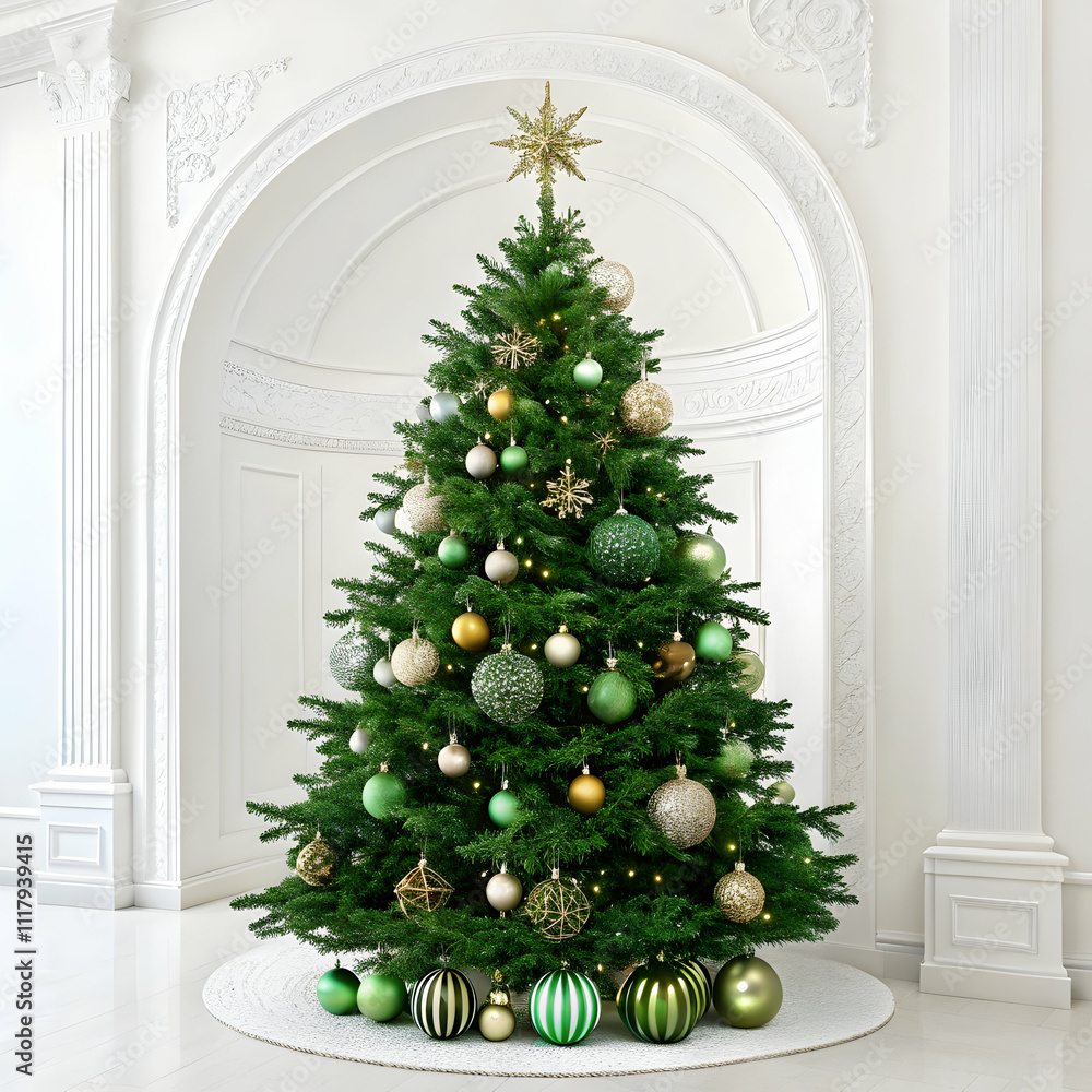 A Grand Christmas Tree Standing Tall in a Stunning White Palace Hall A Grand Christmas Tree Standing Tall in a Stunning White Palace Hall