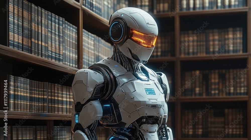 futuristic robot stands in a library filled with books futuristic robot stands in a library filled with books