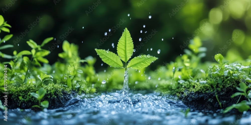 Fresh Green Plant Sprouting from Water with Natural Background Fresh Green Plant Sprouting from Water with Natural Background