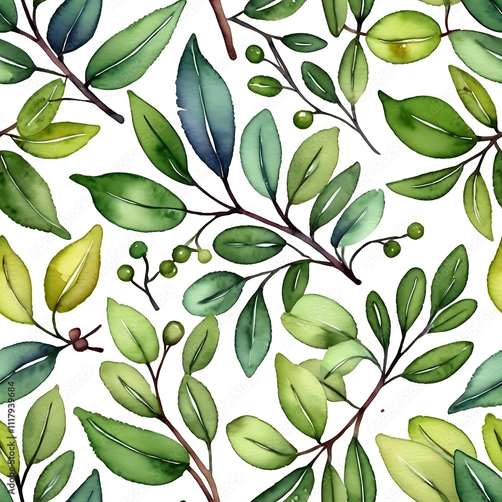 Watercolor Green Leaf Seamless Pattern: A delicate and refreshing design featuring a repeating pattern of watercolor leaves and berries in shades of green. Watercolor Green Leaf Seamless Pattern: A delicate and refreshing design featuring a repeating pattern of watercolor leaves and berries in shades of green.