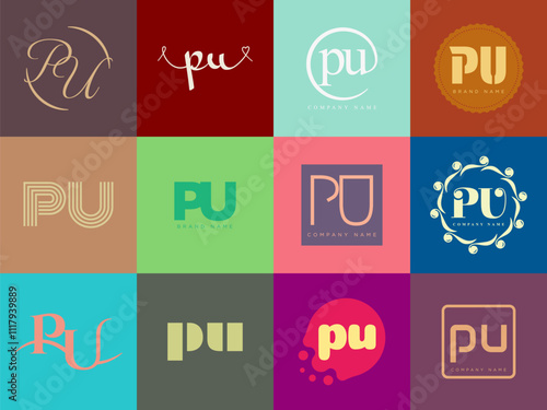 PU logo company template. Letter p and u logotype. Set different classic serif lettering and modern bold text with design elements. Initial font typography.