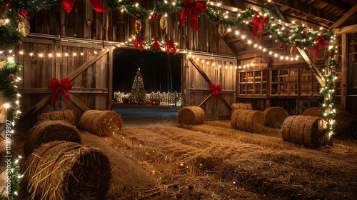 A rustic barn decorated for Christmas, featuring hay bales, twinkling lights, and vibrant red bows, creating a warm and festive rural holiday scene.