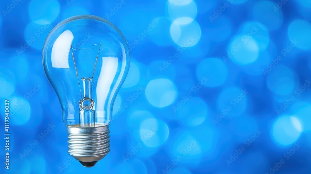 Bright Light Bulb Glowing in Front of Blue Bokeh Background