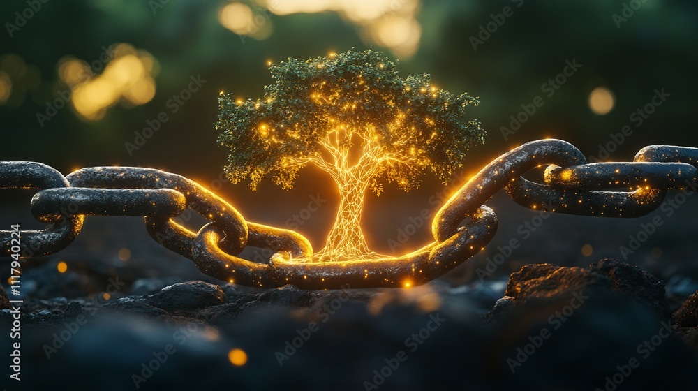 Glowing Tree Breaking Free from Chains: A Symbol of Resilience and Hope Glowing Tree Breaking Free from Chains: A Symbol of Resilience and Hope