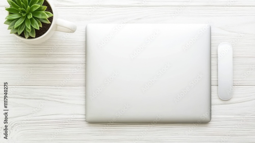 Minimalist Workspace with Closed Laptop and Succulent on White Wooden Desk Minimalist Workspace with Closed Laptop and Succulent on White Wooden Desk