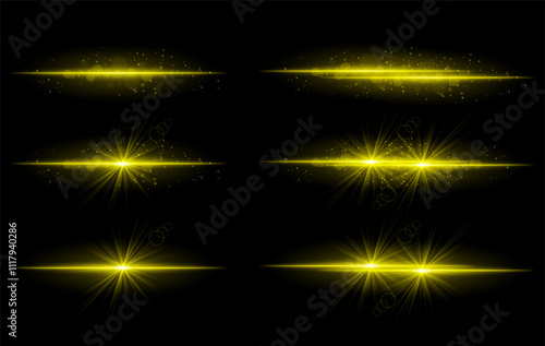 Golden glow effects set. Radiant light streaks, sparkling particles, bright starbursts, warm illumination, abstract lighting design, decorative energy beams, vibrant modern visuals