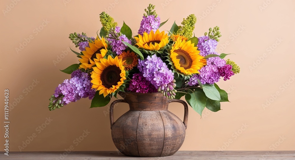 A rustic wooden vase filled with a lovely array of sunflowers and lilacs displayed against a plain warm beige background A rustic wooden vase filled with a lovely array of sunflowers and lilacs displayed against a plain warm beige background