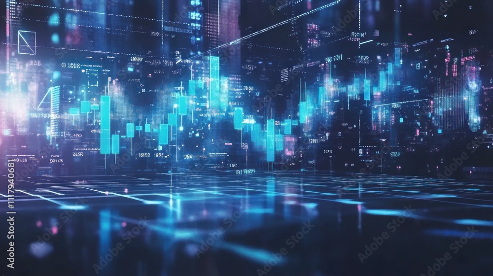 Obraz premium Futuristic digital cityscape with glowing stock market data.