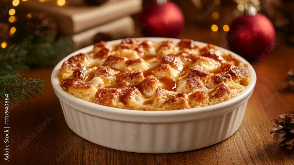 Golden Bread Pudding with Caramel Drizzle in White Bowl Golden Bread Pudding with Caramel Drizzle in White Bowl
