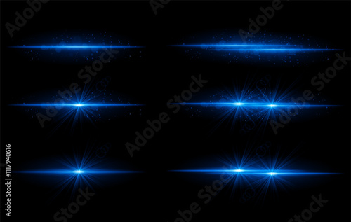 Blue glow effects set. Radiant light streaks, sparkling particles, bright starbursts, warm illumination, abstract lighting design, decorative energy beams, vibrant modern visuals