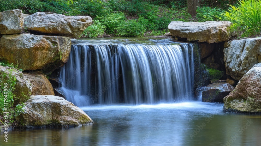Naklejka premium A serene waterfall cascading over rocks into a calm pool, surrounded by lush greenery.