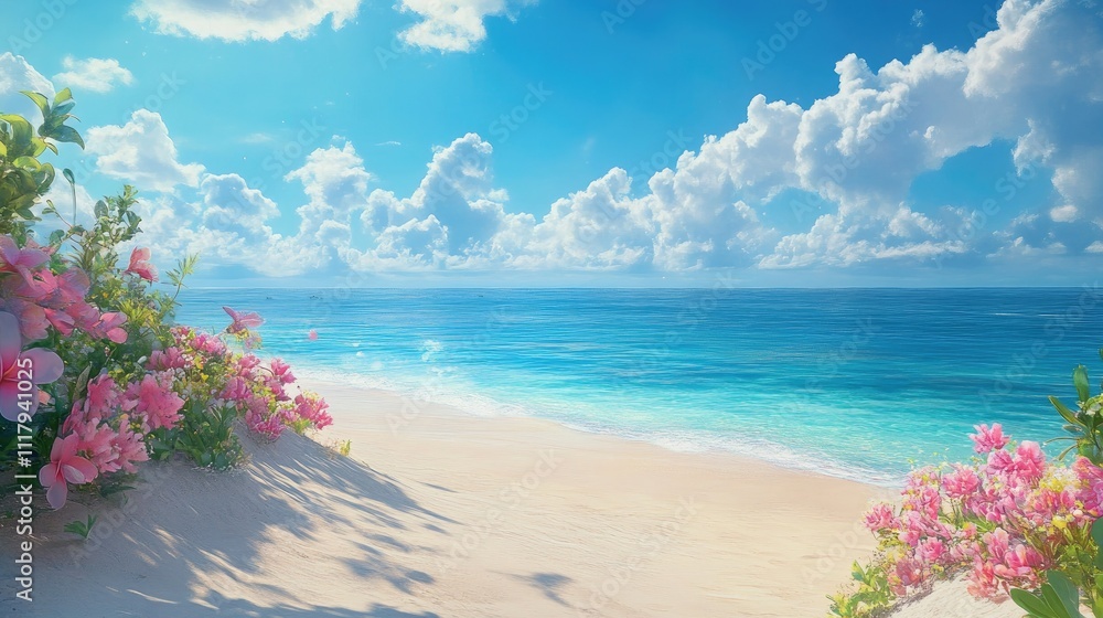 A serene tropical beach scene with the ocean stretching toward a horizon of vibrant blue skies, showcasing the beauty of coral reefs beneath the surface. A serene tropical beach scene with the ocean stretching toward a horizon of vibrant blue skies, showcasing the beauty of coral reefs beneath the surface.