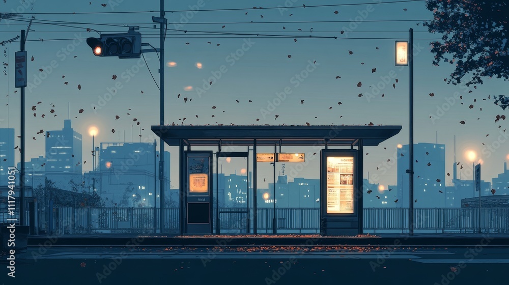 Obraz premium A serene bus stop scene at dusk, surrounded by softly glowing lights and floating leaves.