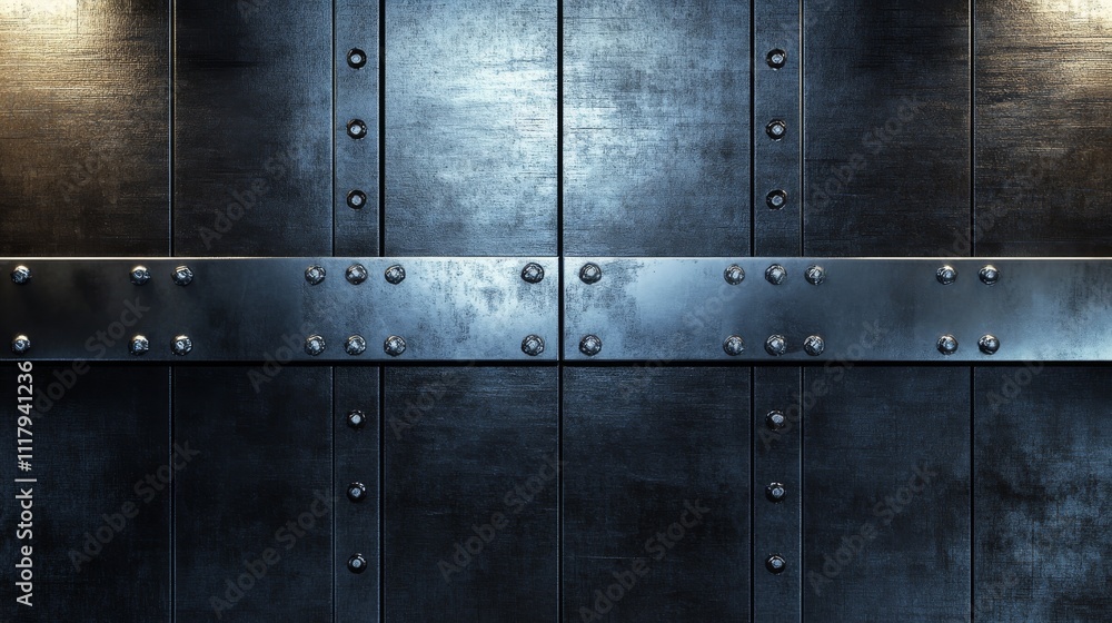Metal panels fastened with rivets, dark background, industrial. Metal panels fastened with rivets, dark background, industrial.