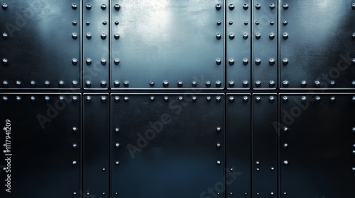 Metal plates riveted together dark background industrial.