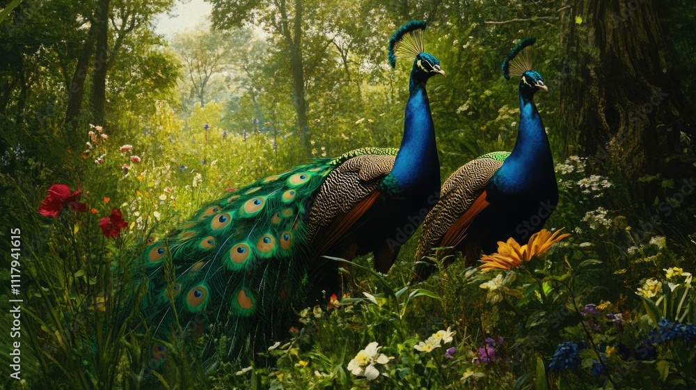 Obraz premium A tranquil woodland scene featuring two male peacocks foraging amidst tall grass and wildflowers, their vivid colors standing out against the greenery.