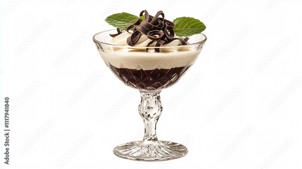 Isolated Bavarian cream mousse in a crystal coupe glass, with a garnish of chocolate curls and a mint leaf Isolated Bavarian cream mousse in a crystal coupe glass, with a garnish of chocolate curls and a mint leaf