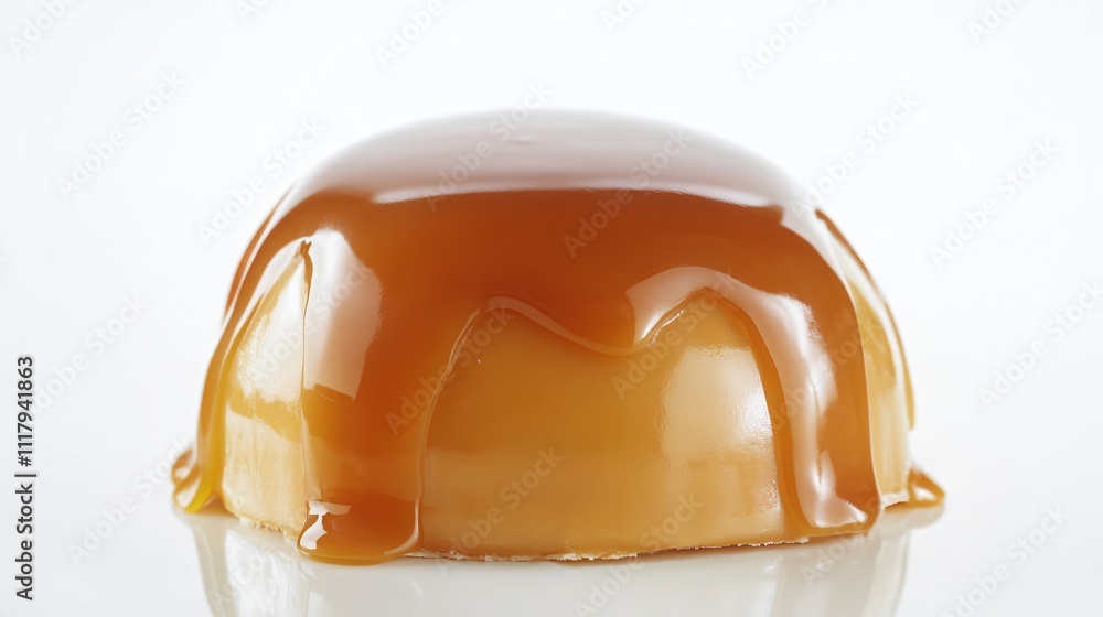 Isolated Bavarian cream dome with a glossy caramel glaze, placed on a reflective white background for a dramatic effect Isolated Bavarian cream dome with a glossy caramel glaze, placed on a reflective white background for a dramatic effect