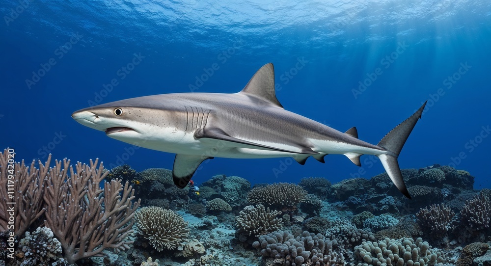 Obraz premium A sleek shark swimming gracefully through coralfilled waters