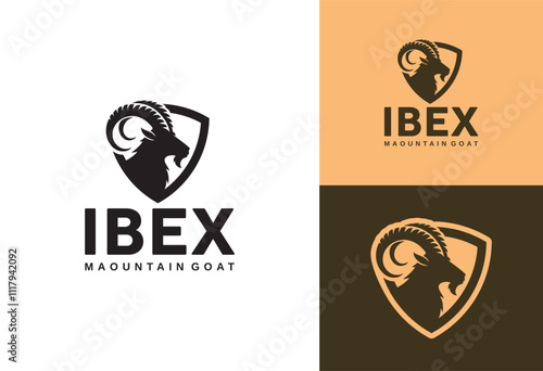 ibex silhouette logo with shield vector illustration design