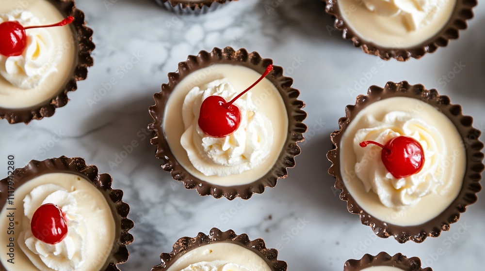 Overhead shot of Bavarian cream served in chocolate cups, decorated with whipped cream and a single cherry Overhead shot of Bavarian cream served in chocolate cups, decorated with whipped cream and a single cherry