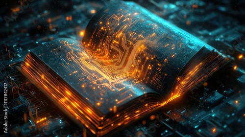 Abstract art showcasing a luminous book with bright circuit imagery radiating from its pages, blending technology with the power of knowledge.
