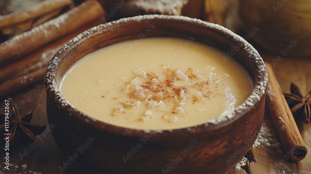 Rustic bowl of Bavarian cream with a caramelized sugar crust, surrounded by decorative cinnamon sticks and vanilla pods Rustic bowl of Bavarian cream with a caramelized sugar crust, surrounded by decorative cinnamon sticks and vanilla pods