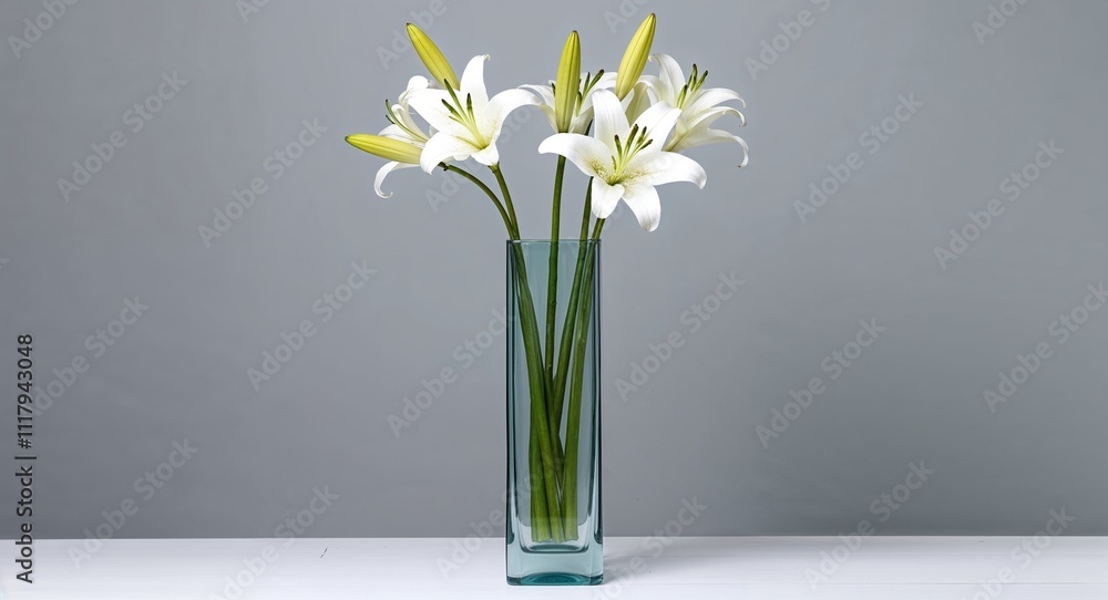 A tall narrow glass vase filled with longstemmed white lilies displayed against a plain cool gray background A tall narrow glass vase filled with longstemmed white lilies displayed against a plain cool gray background