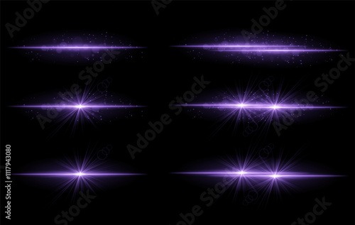 Purple glow effects set. Radiant light streaks, sparkling particles, bright starbursts, warm illumination, abstract lighting design, decorative energy beams, vibrant modern visuals