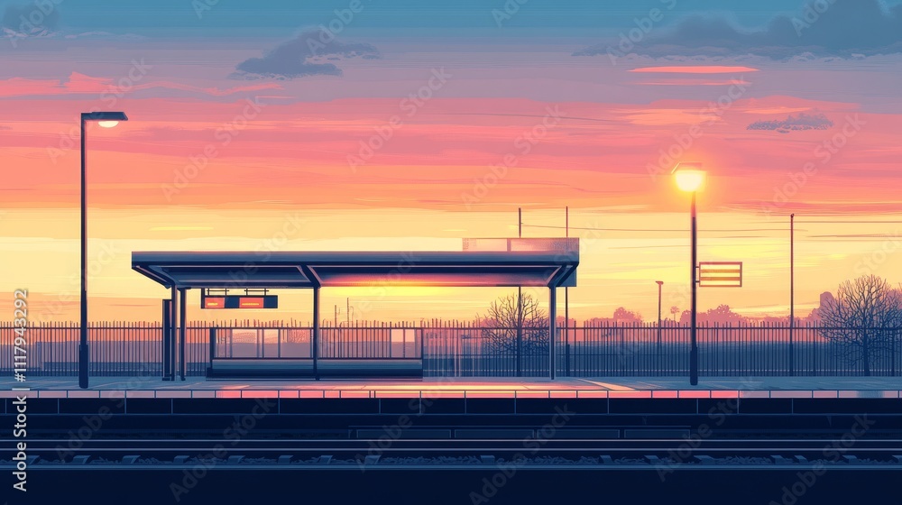 Fototapeta premium A serene train station at sunset, showcasing vibrant colors and a peaceful atmosphere.