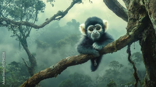 A black snub-nosed monkey with fluffy fur gazes curiously from a tree branch in its serene forest habitat, framed by mist and towering trees. photo