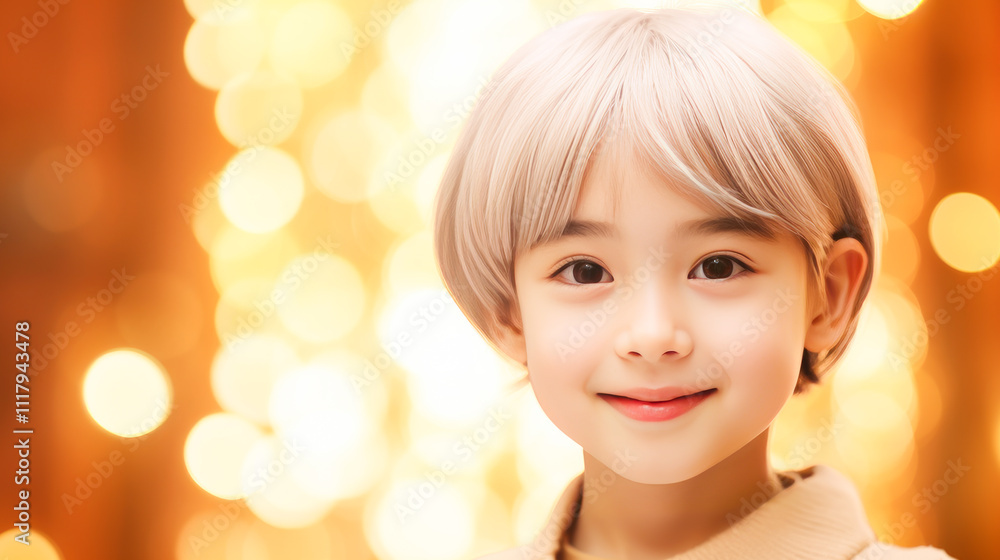Fototapeta premium Portrait of smiling asian girl child with short white hair creamy golden background.