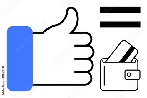 Thumbs up icon next to an equal sign and wallet with a credit card. Ideal for financial services, approval, satisfaction, online shopping, consumer feedback, payment solutions, marketing. Line
