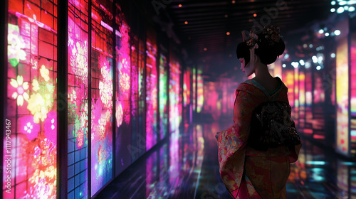 Woman in kimono walking through a colorful illuminated corridor