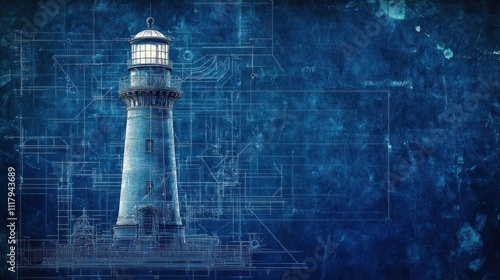 Lighthouse Blueprint on Blue Background
