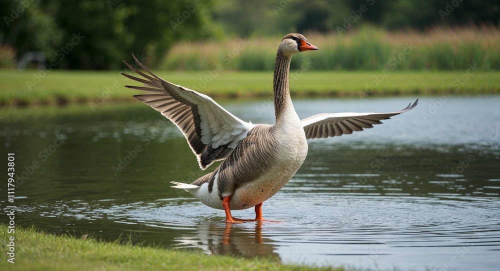 A waddling goose spreading its wings near a tranquil pond A waddling goose spreading its wings near a tranquil pond