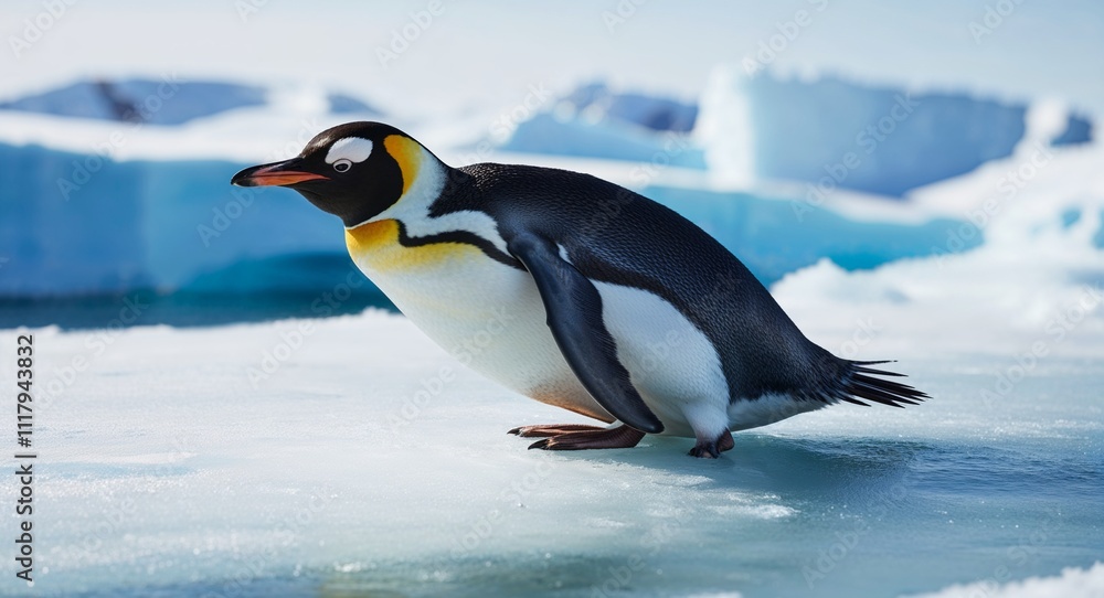 Fototapeta premium A waddling penguin sliding on its belly across icy terrain