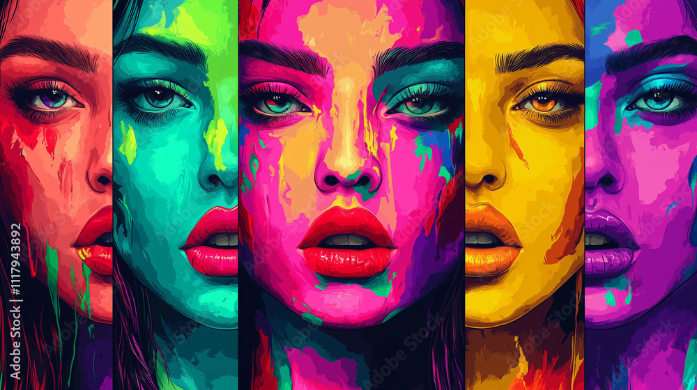 Obraz premium Holi festival poster with vibrant colorful portraits of women