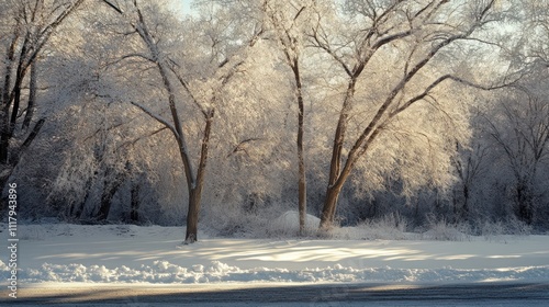 A serene winter landscape with frosted trees and a blanket of snow.